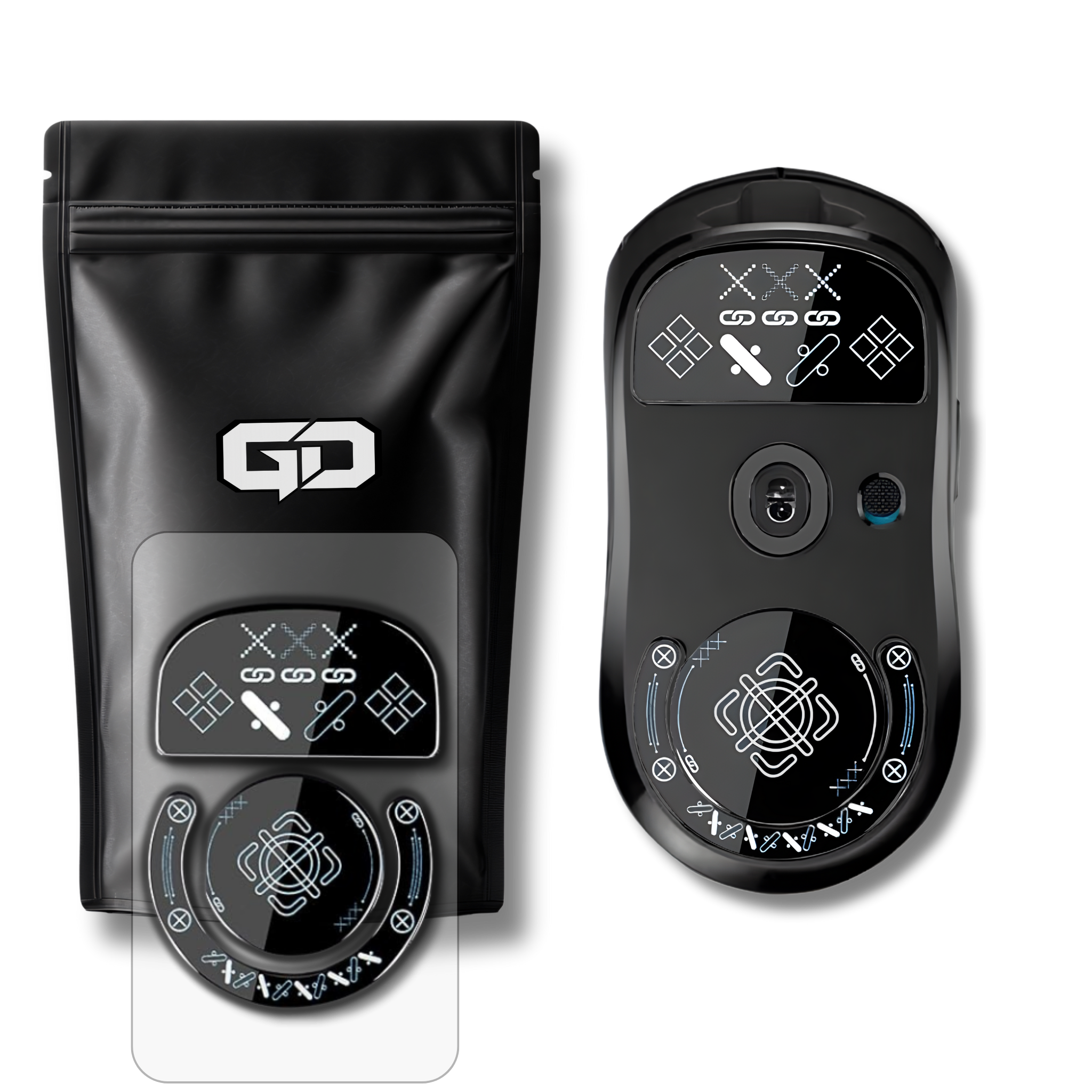 Sorte glass skates med hvidt og blåt print-mønster monteret på en Logitech G Pro X Superlight, set oppefra med emballage