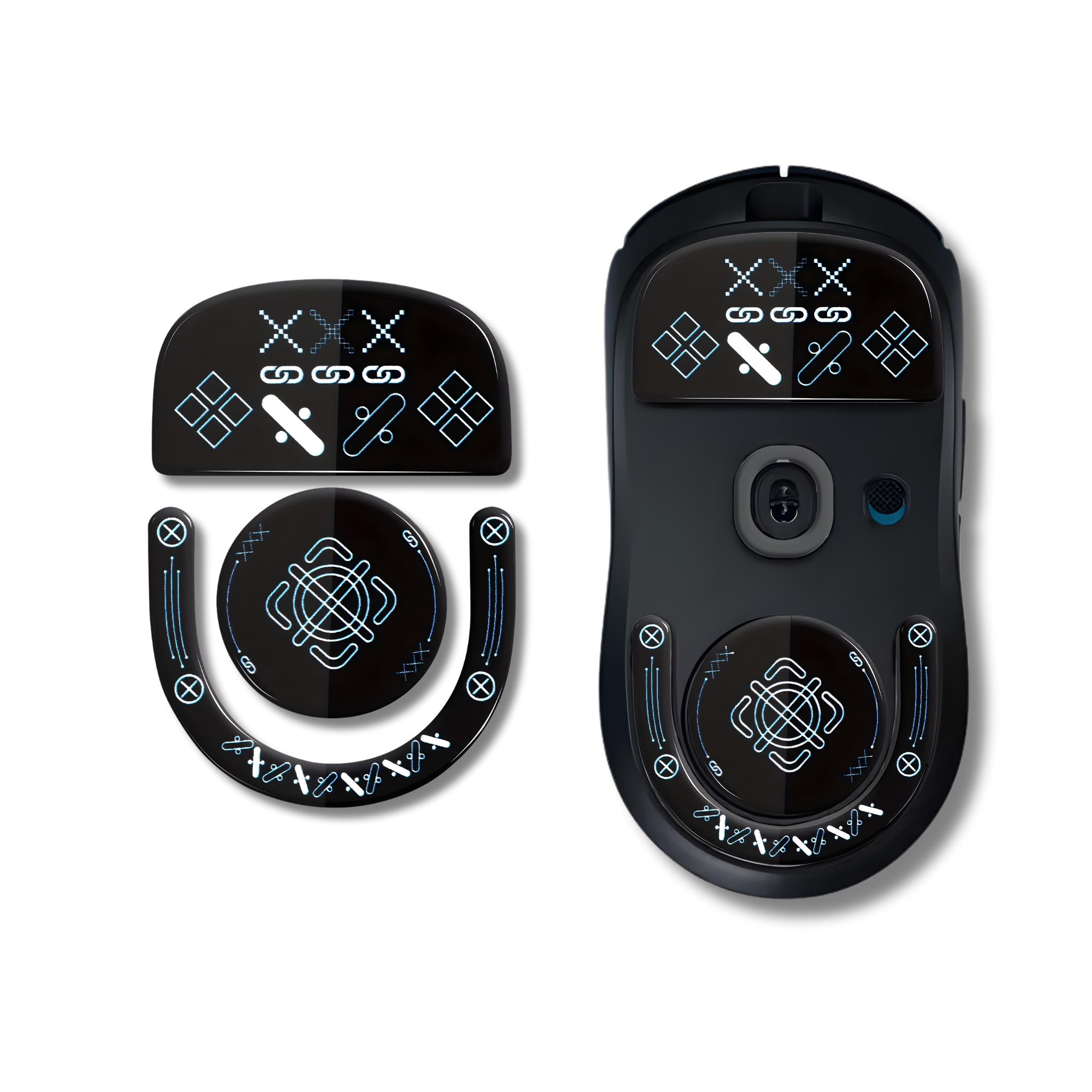 Et sæt sorte glass skates med print-mønster der passer til Logitech G Pro X Superlight 2