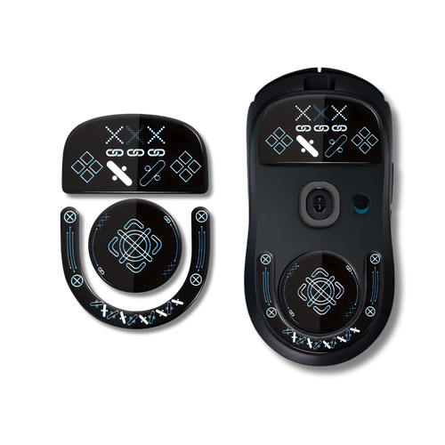 Et sæt sorte glass skates med print-mønster der passer til Logitech G Pro X Superlight 2