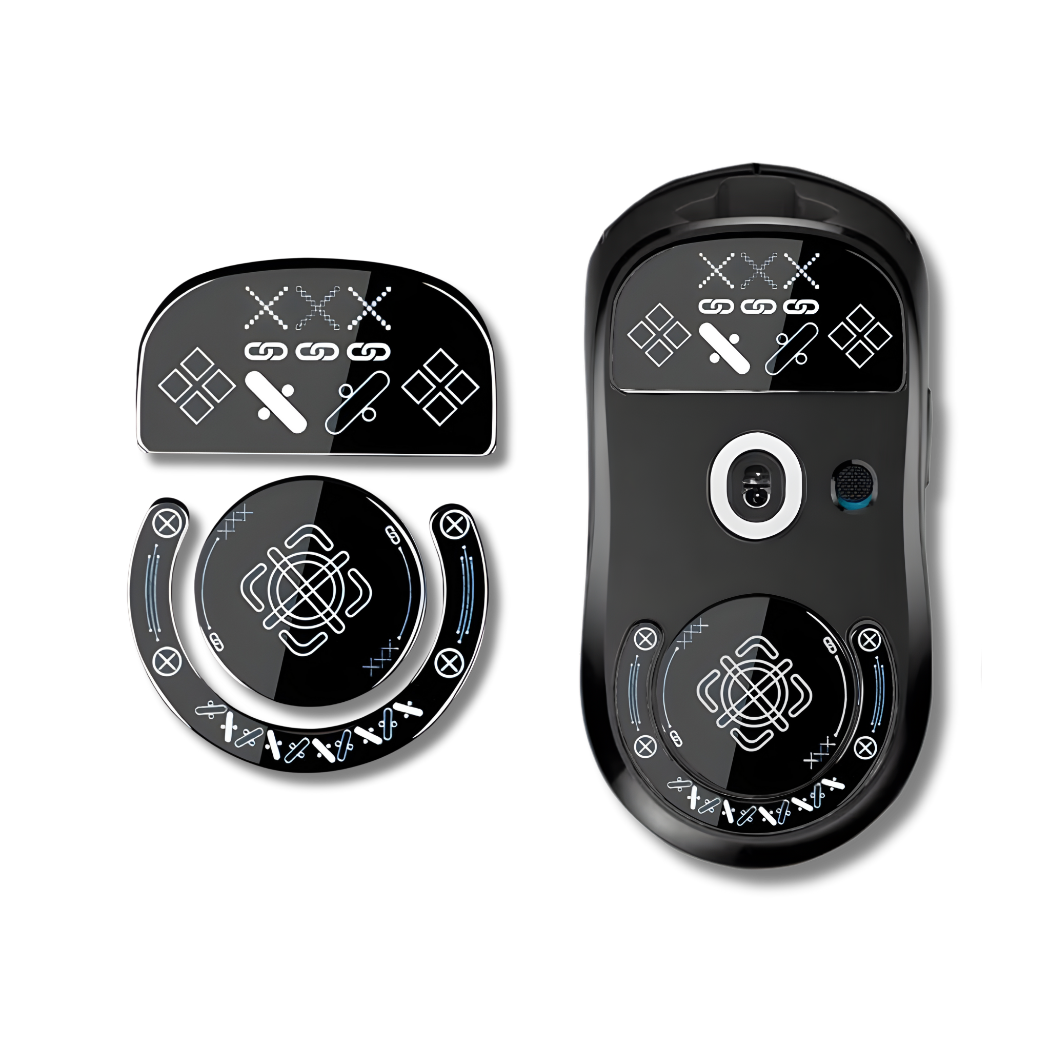 Et sæt sorte glass skates med print-mønster der passer til Logitech G Pro X Superlight