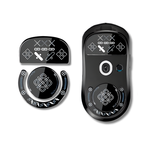 Et sæt sorte glass skates med print-mønster der passer til Logitech G Pro X Superlight