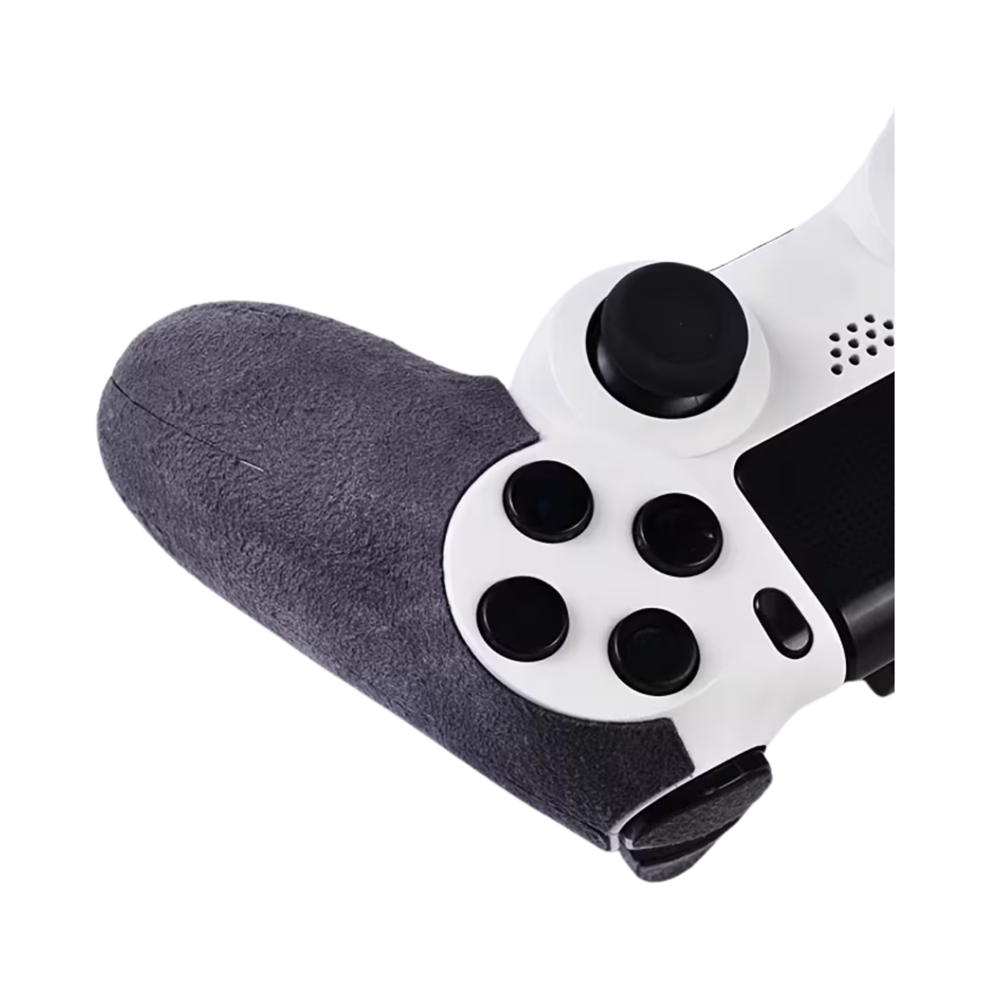 Et sæt grip cover i grå farve lavet af pels der er monteret på en PS4 Controller