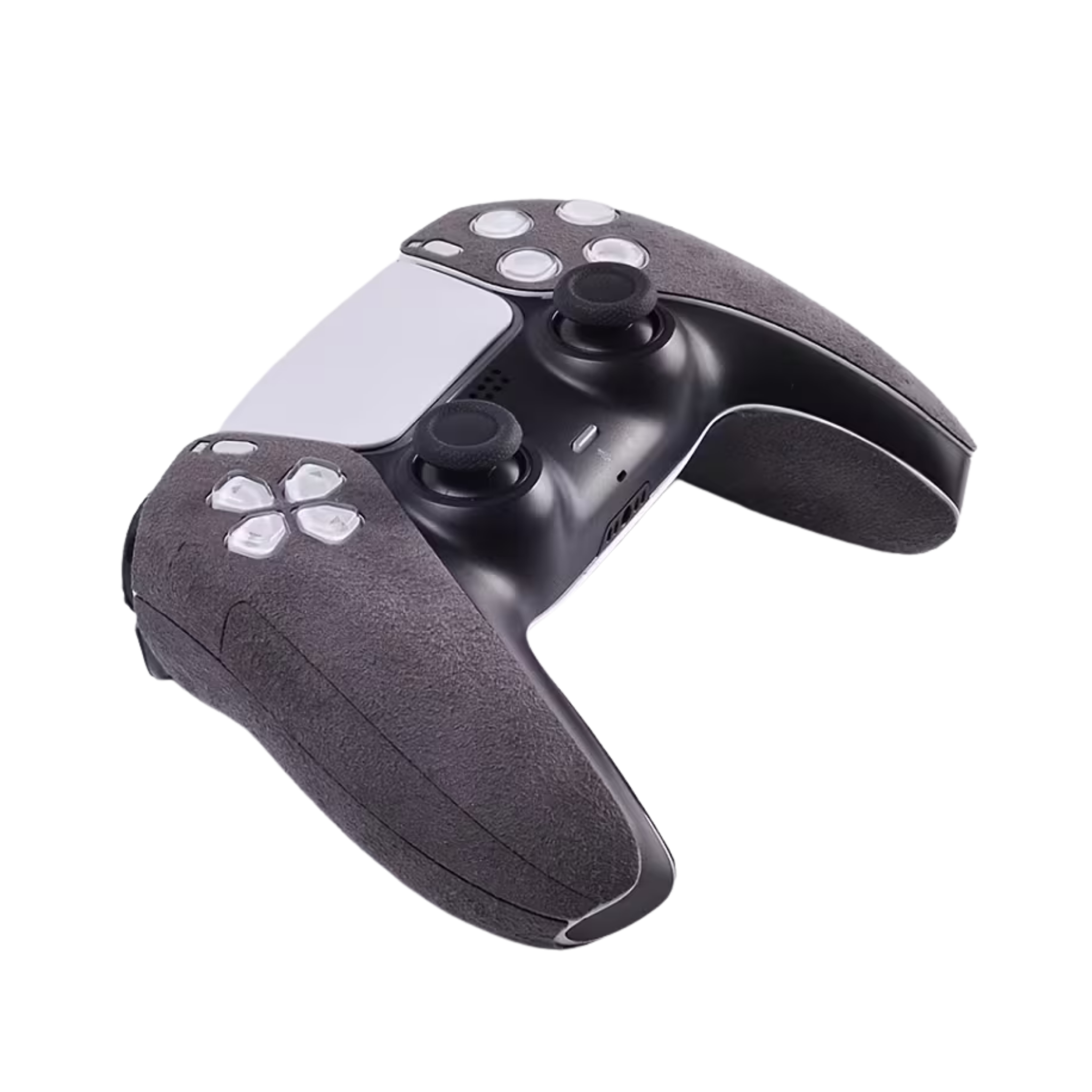 Et sæt grip cover i grå farve lavet af pels der er monteret på en PS5 Controller