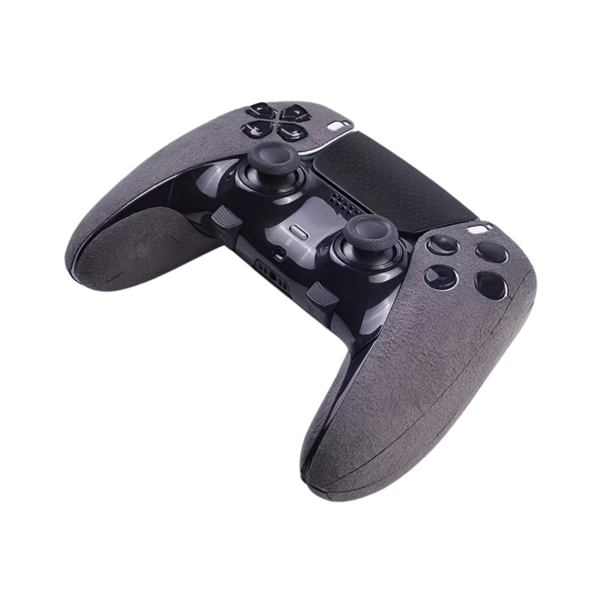 Et sæt grip cover i grå farve lavet af pels der er monteret på en PS5 Edge  Controller