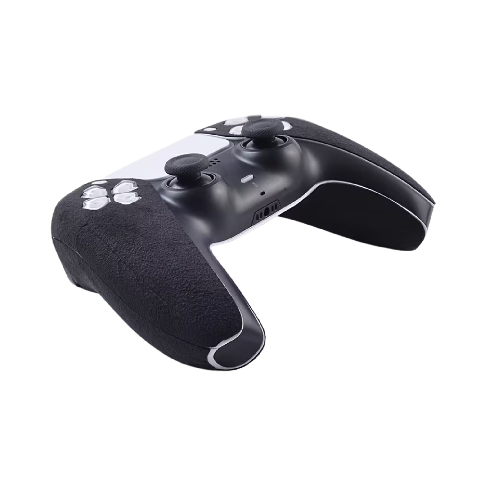 Et sæt grip cover i sort farve lavet af pels der er monteret på en PS5 Controller