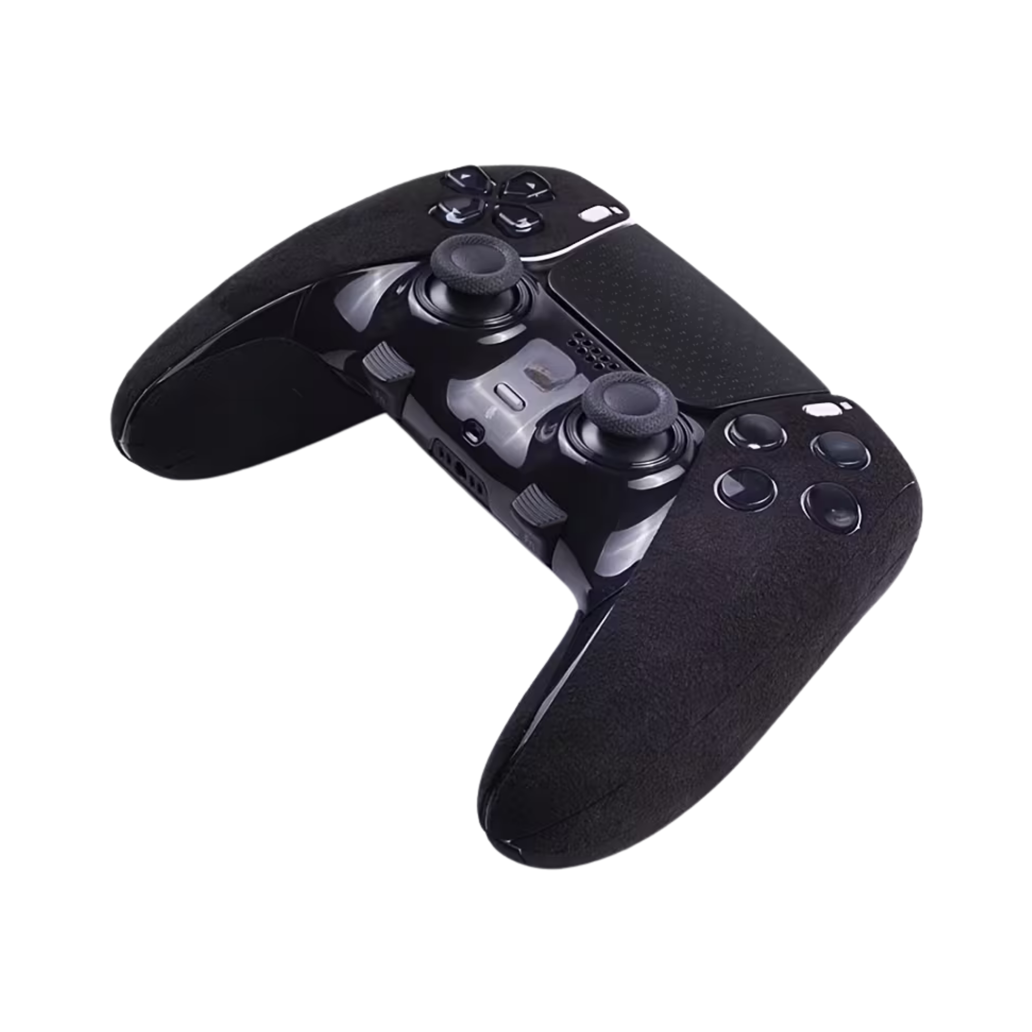 Et sæt grip cover i sort farve lavet af pels der er monteret på en PS5 Edge Controller