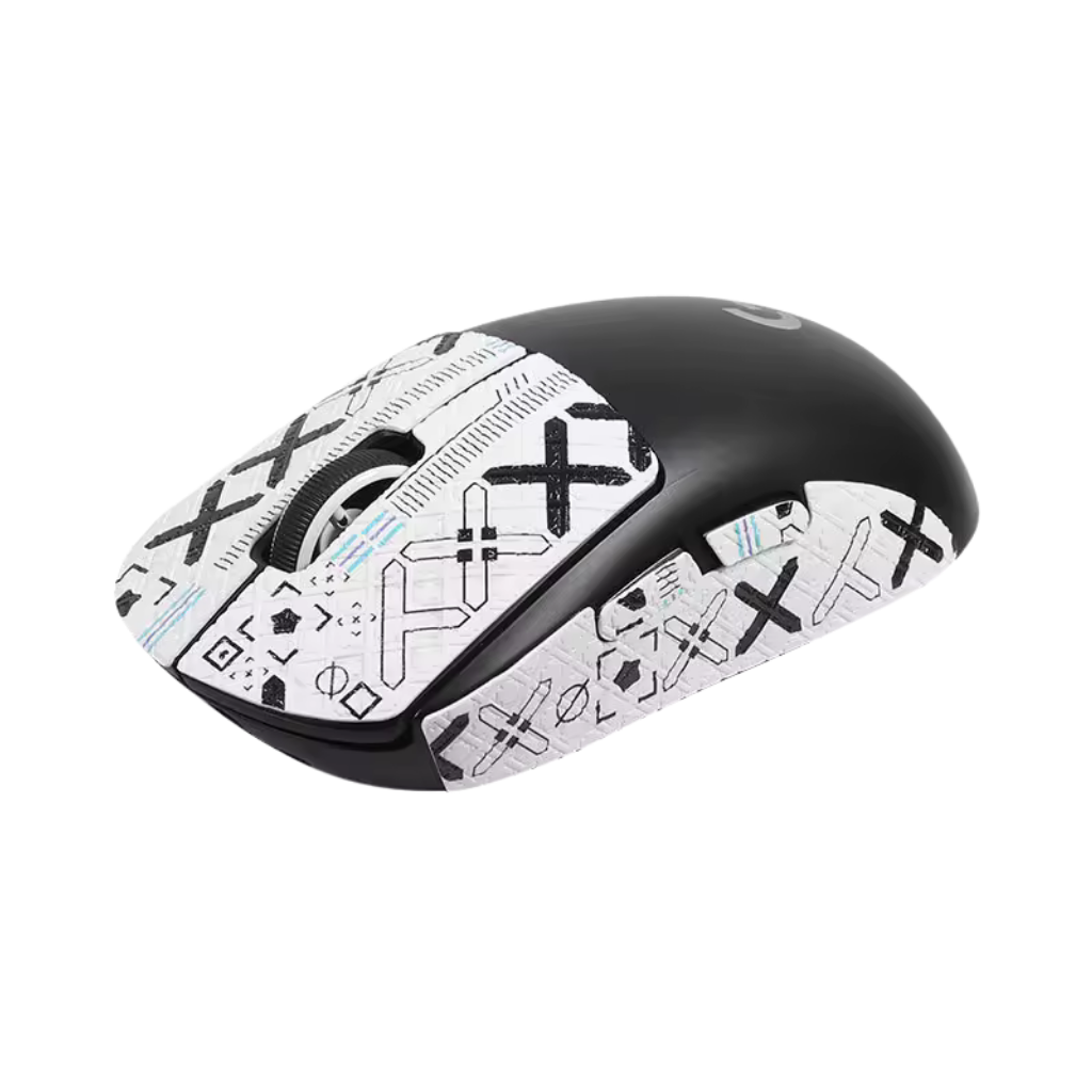 Hvidt grip tape med et sort og blåt print-mønster som er monteret på en mus i samme størrelse som en Logitech G Pro Wireless gaming mus