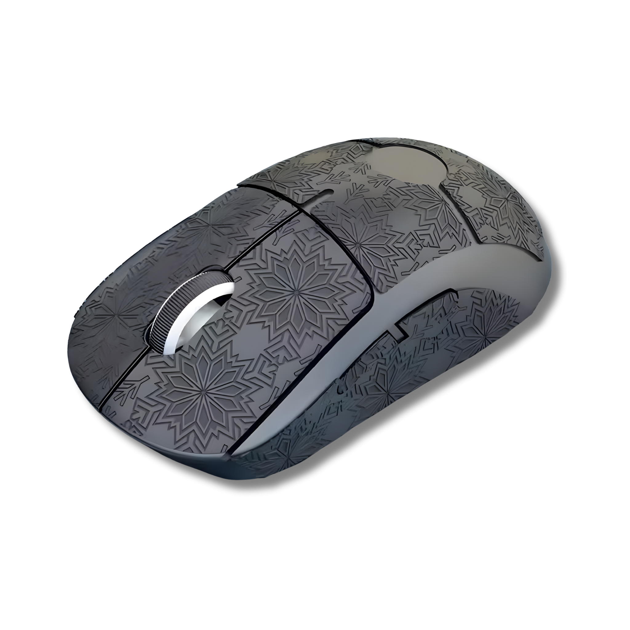 Et sæt grip tape i sort farve med et mønster i sneflager som er monteret på en Logitech G Pro X Superlight 2 DEX gaming mus vist ovenfra