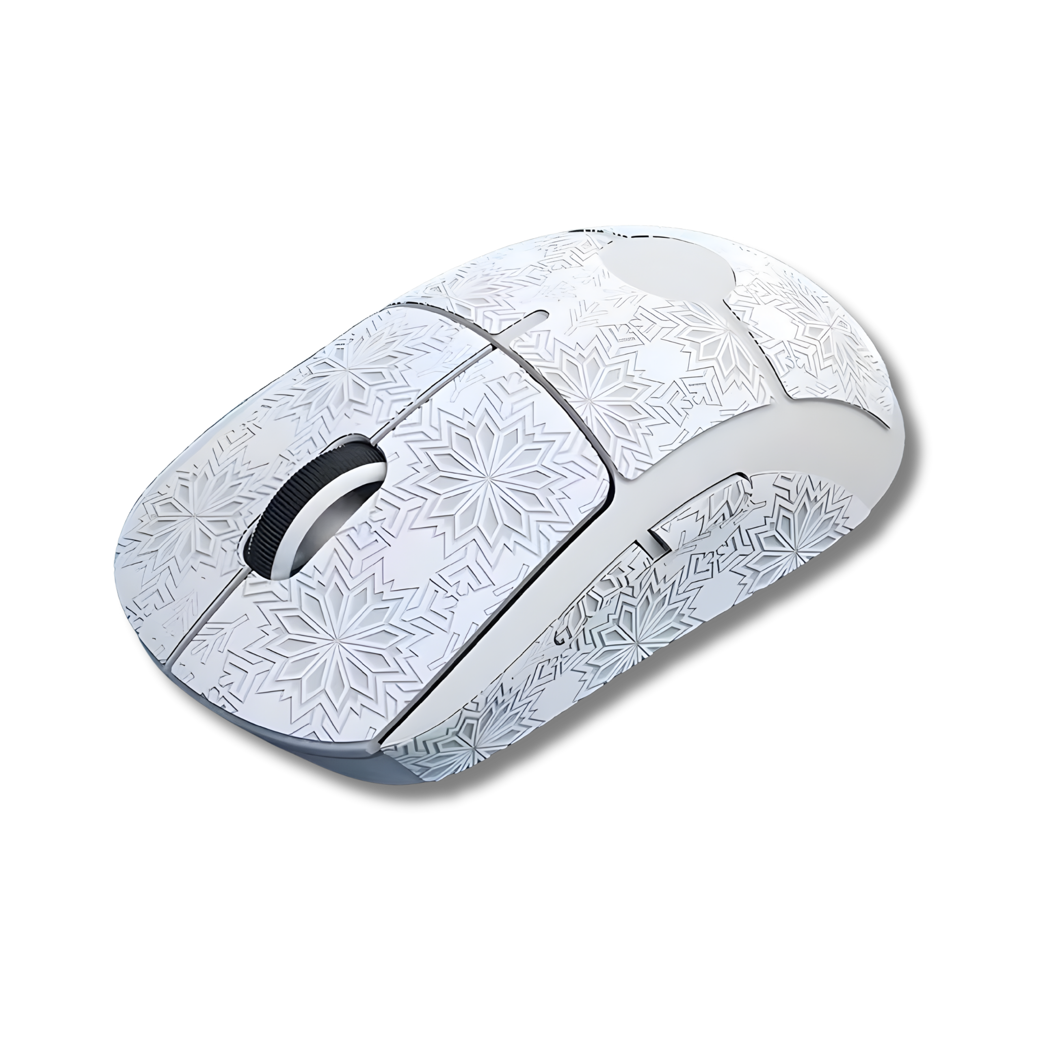 Et sæt grip tape i hvid farve med et mønster i sneflager som er monteret på en Logitech G Pro X Superlight 2 gaming mus vist ovenfra