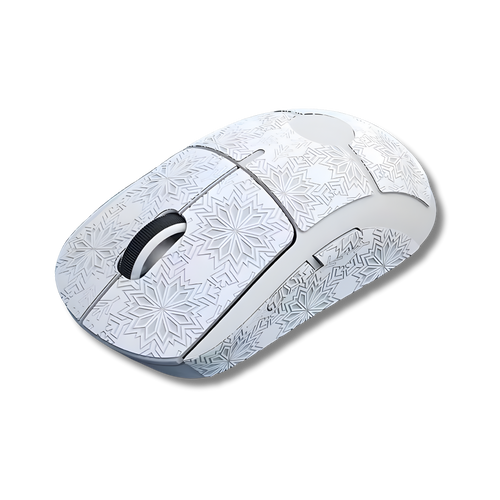 Et sæt grip tape i hvid farve med et mønster i sneflager som er monteret på en Logitech G Pro X Superlight gaming mus vist ovenfra