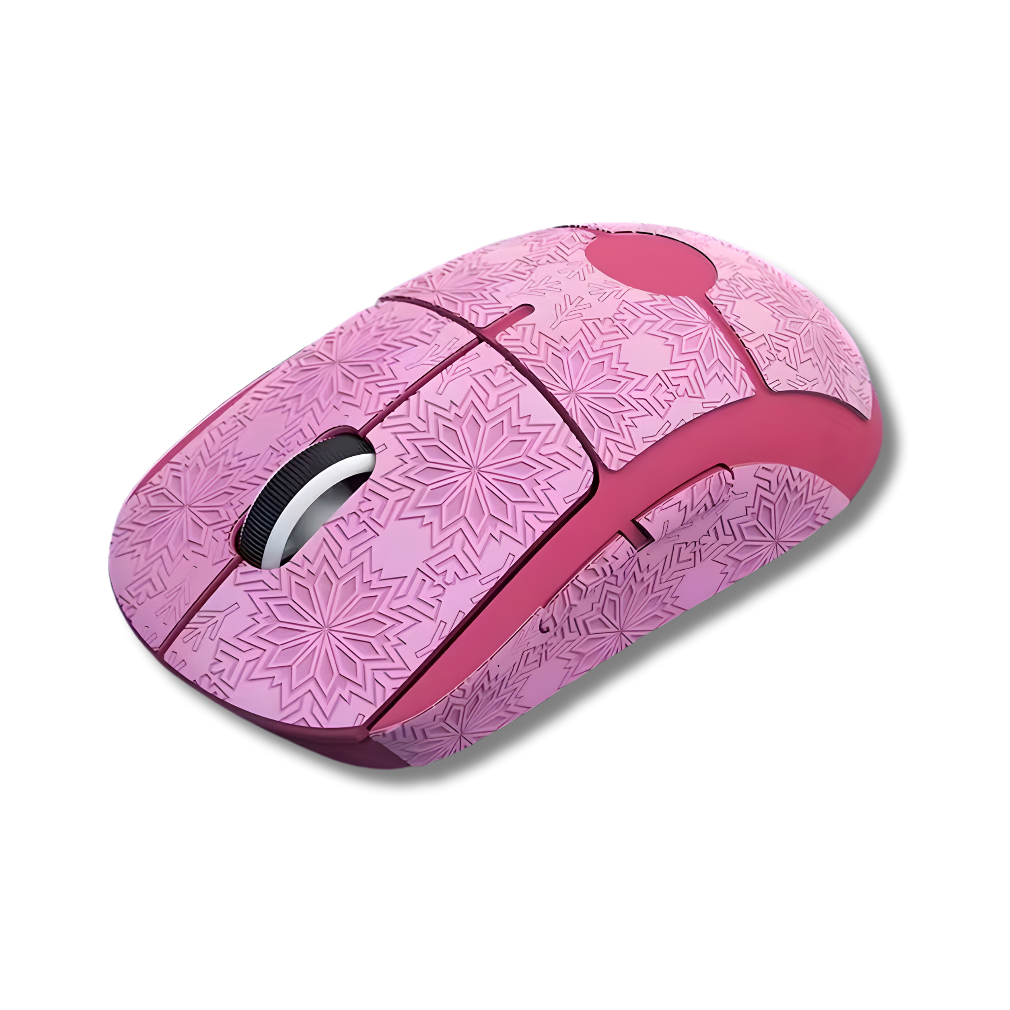 Et sæt grip tape i lyserød farve med et mønster i sneflager som er monteret på en Logitech G Pro X Superlight gaming mus vist ovenfra
