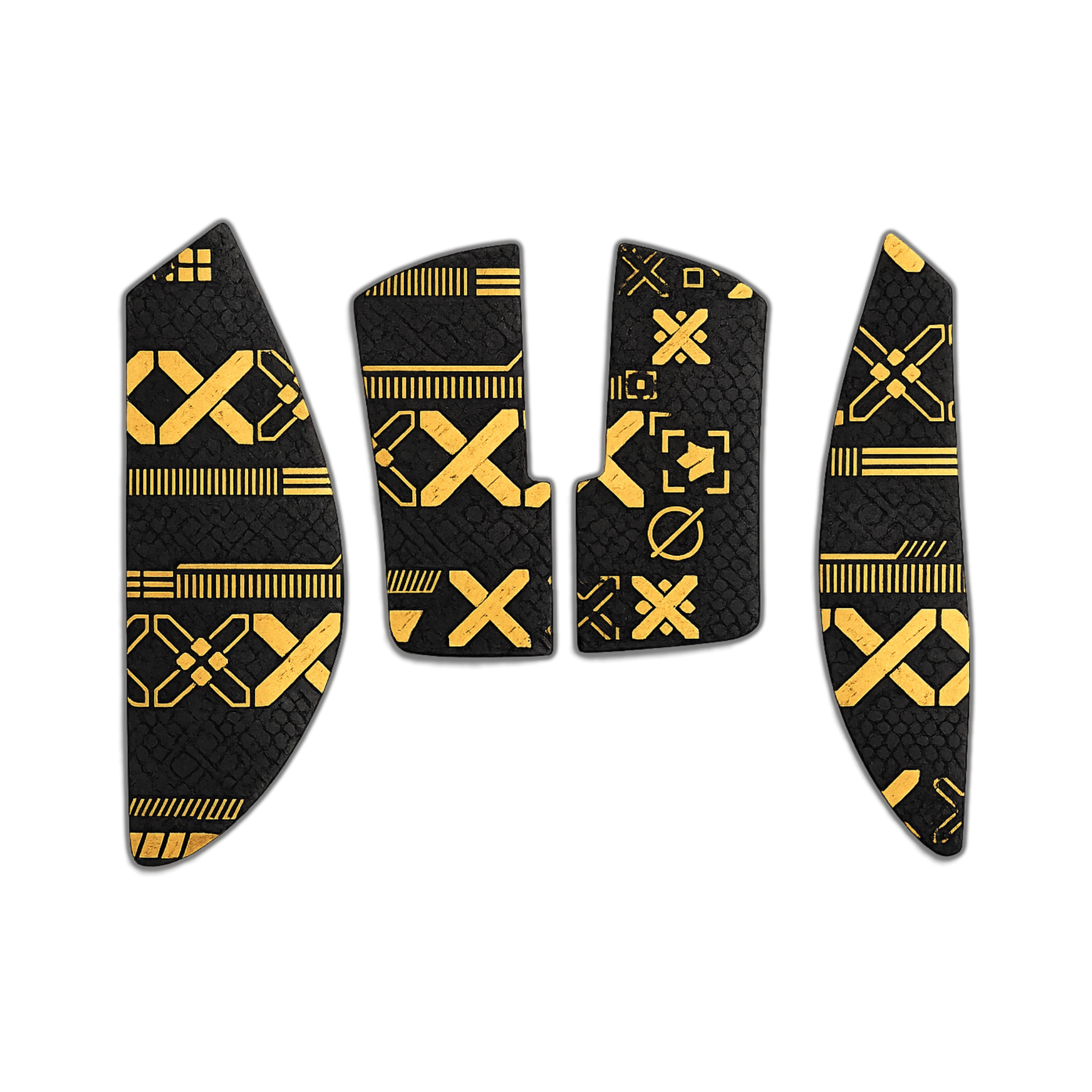 Et sæt grip tapes i sort farve med guld print som passer til en Razer Viper V3 Pro gaming mus