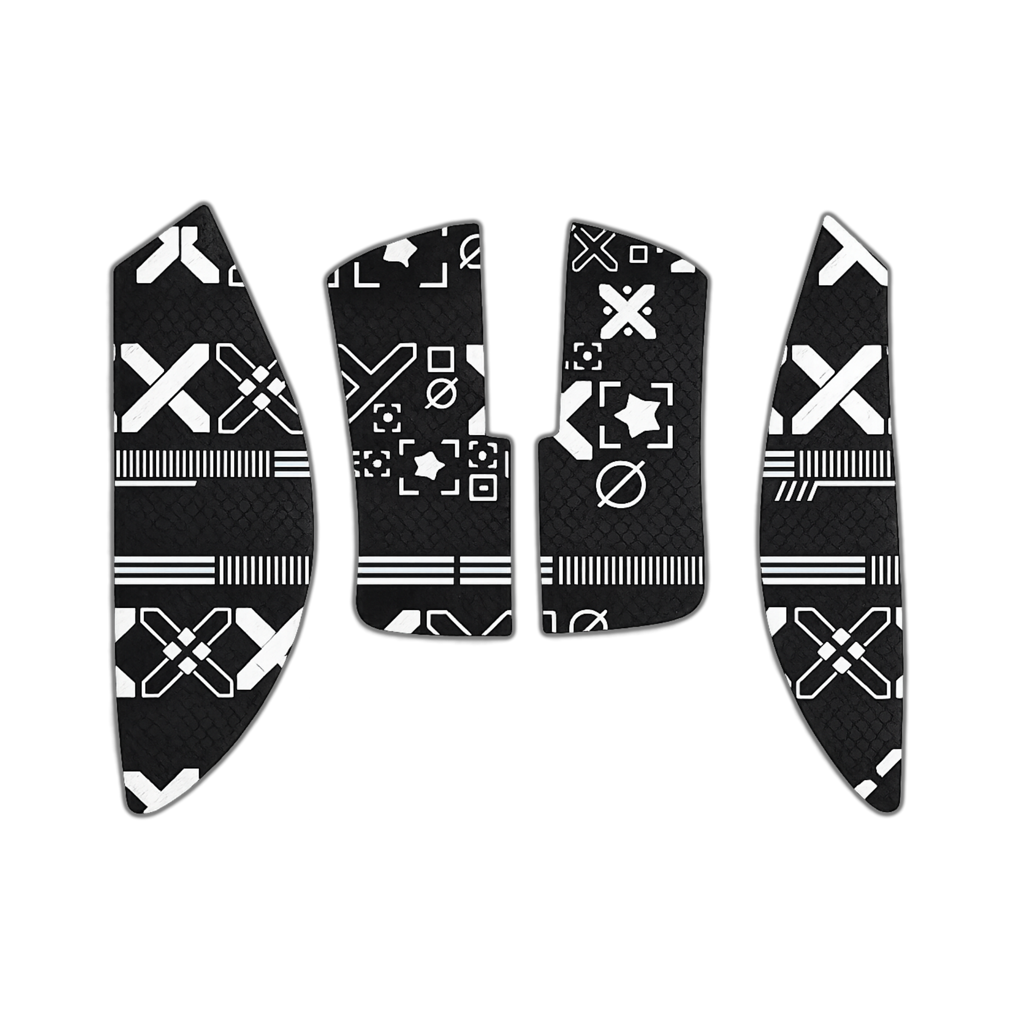 Et sæt grip tapes i sort farve med hvidt print som passer til en Razer Viper V3 Pro gaming mus