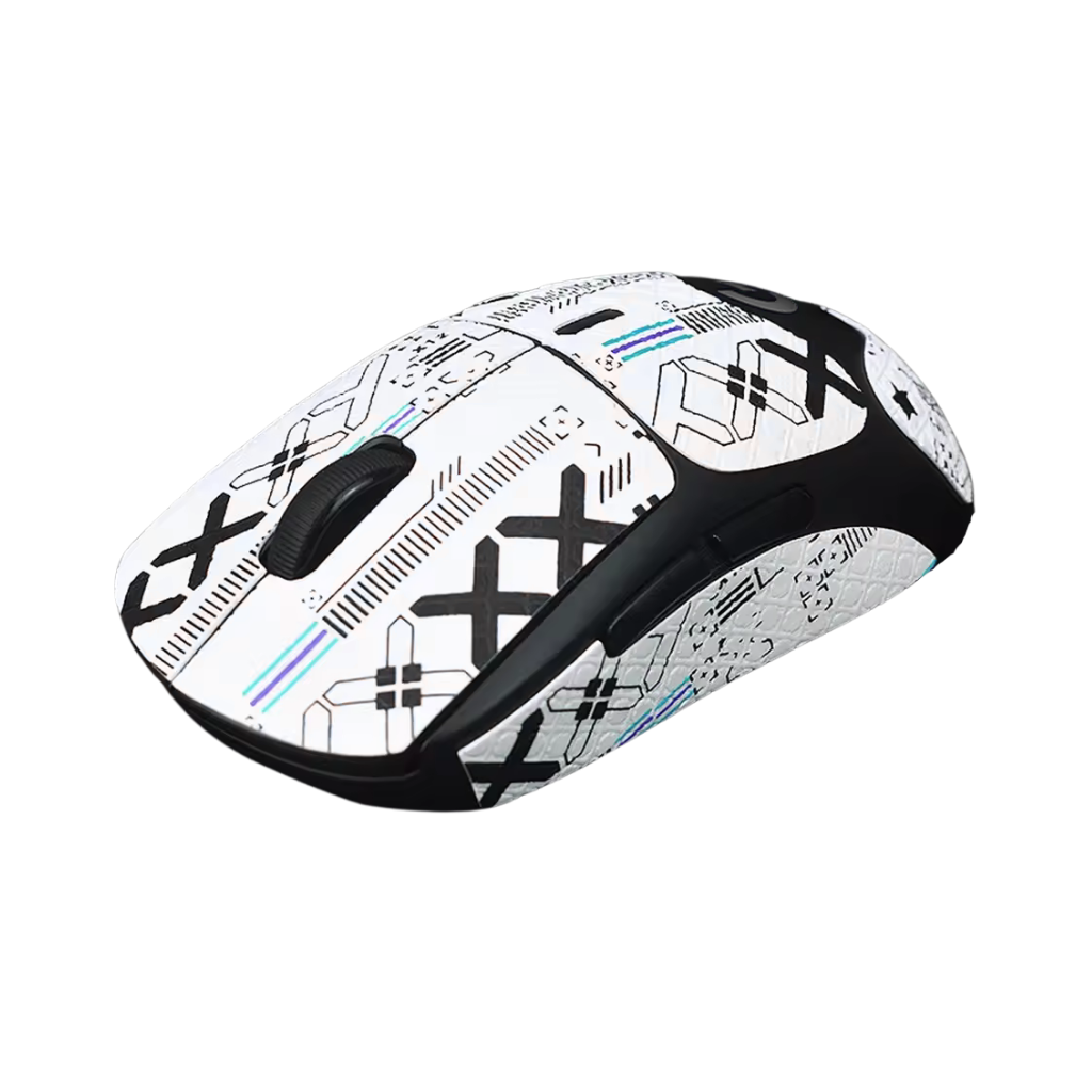 Hvidt grip tape med et sort og blåt print-mønster som er monteret på en mus i samme størrelse som en Logitech G Pro X Superlight gaming mus