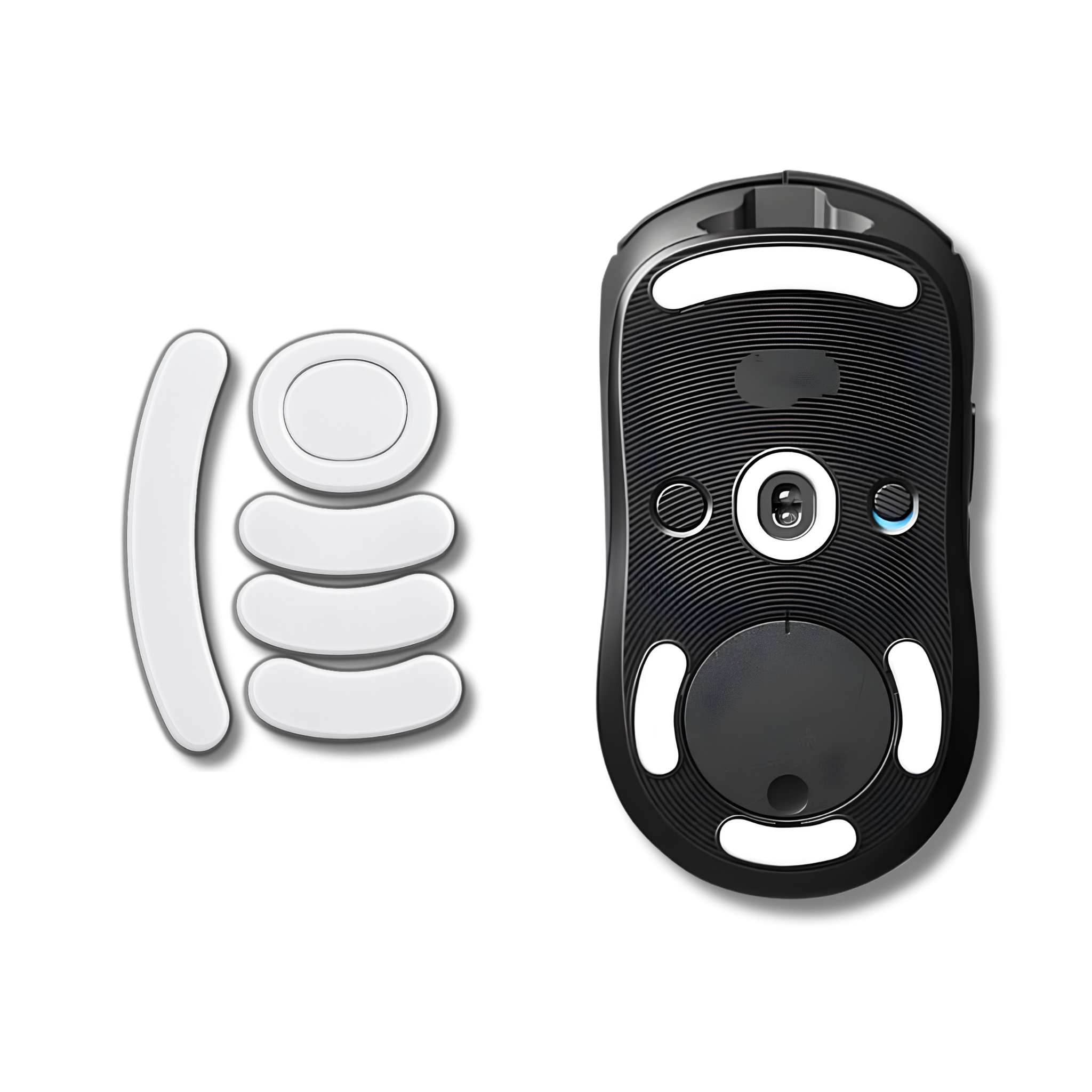 Et sæt mouse skates til Logitech G Pro Wireless ved siden af en gaming mus der demonstrerer et sæt monterede PTFE skates