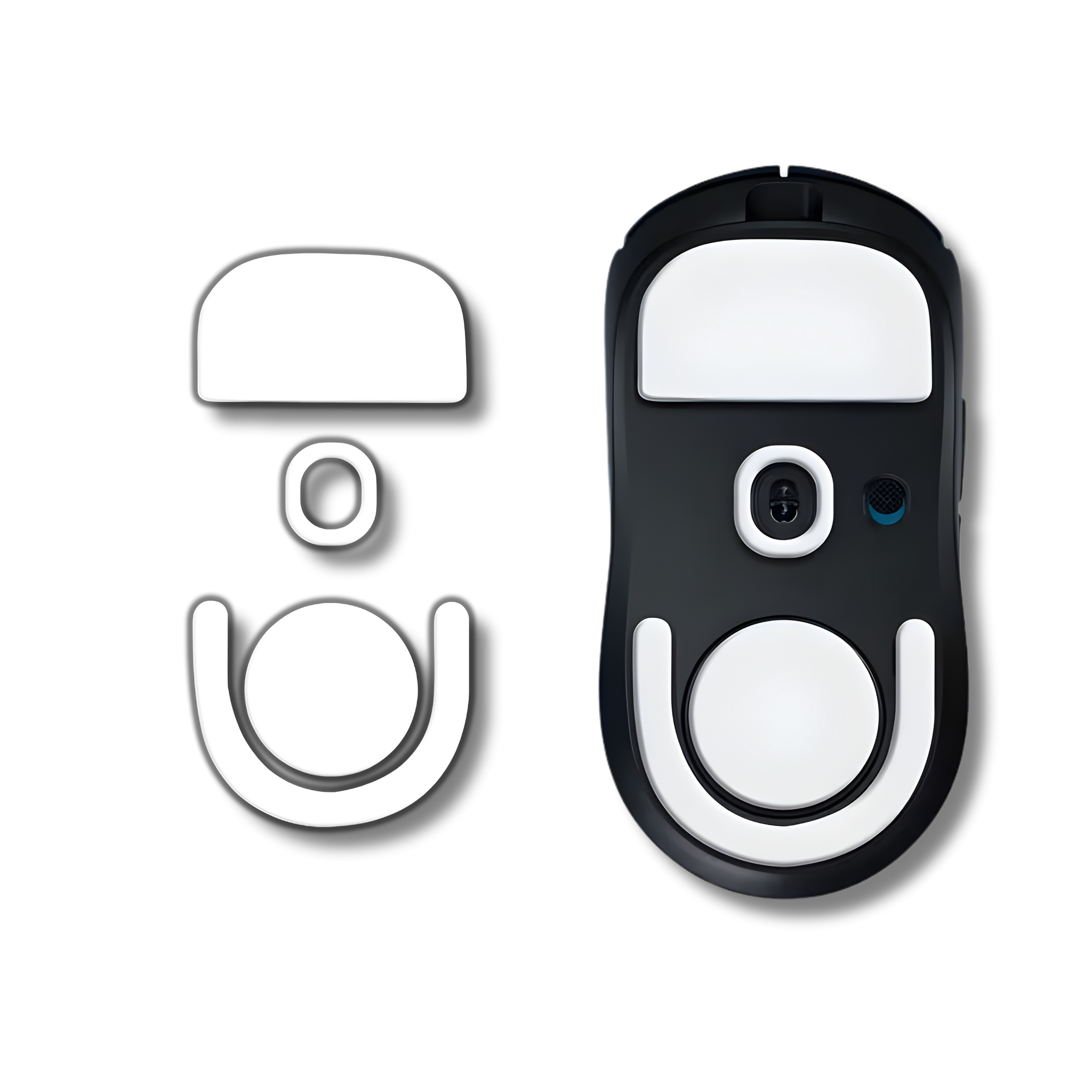 Et sæt mouse skates til Logitech G Pro X Superlight 2 ved siden af en gaming mus der demonstrerer et sæt monterede PTFE skates