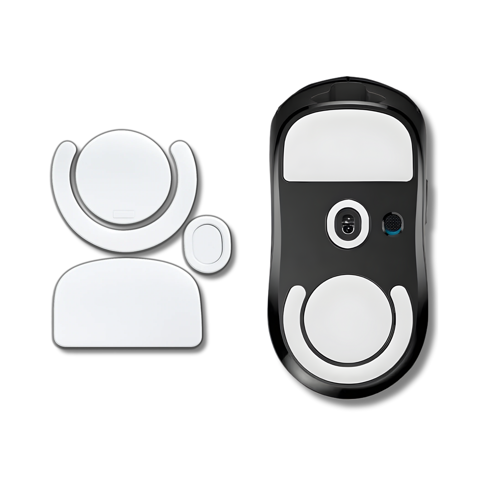 Et sæt mouse skates til Logitech G Pro X Superlight ved siden af en gaming mus der demonstrerer et sæt monterede PTFE skates