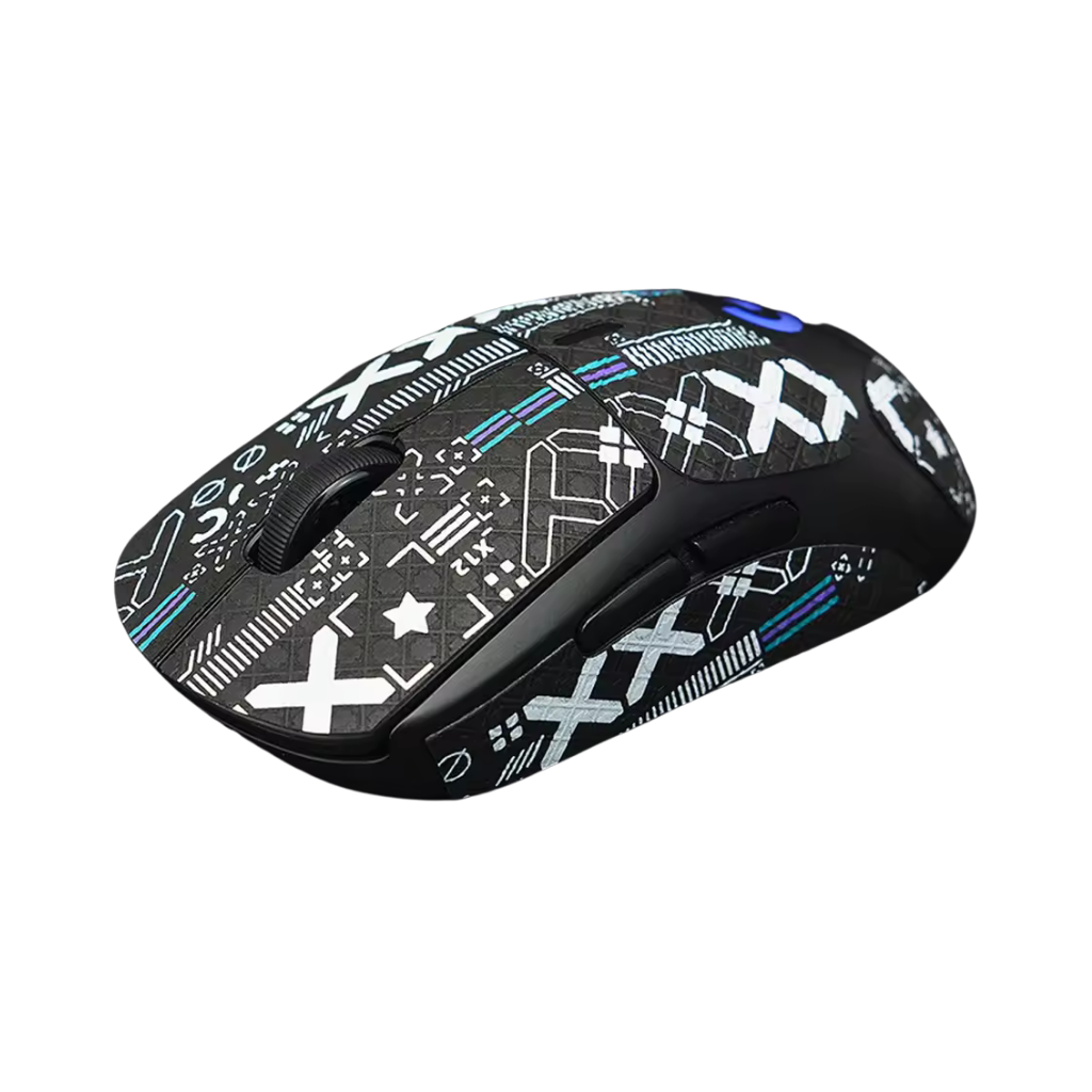 Sort grip tape med et hvidt og blåt print-mønster som er monteret på en mus i samme størrelse som en Logitech G Pro X Superlight gaming mus
