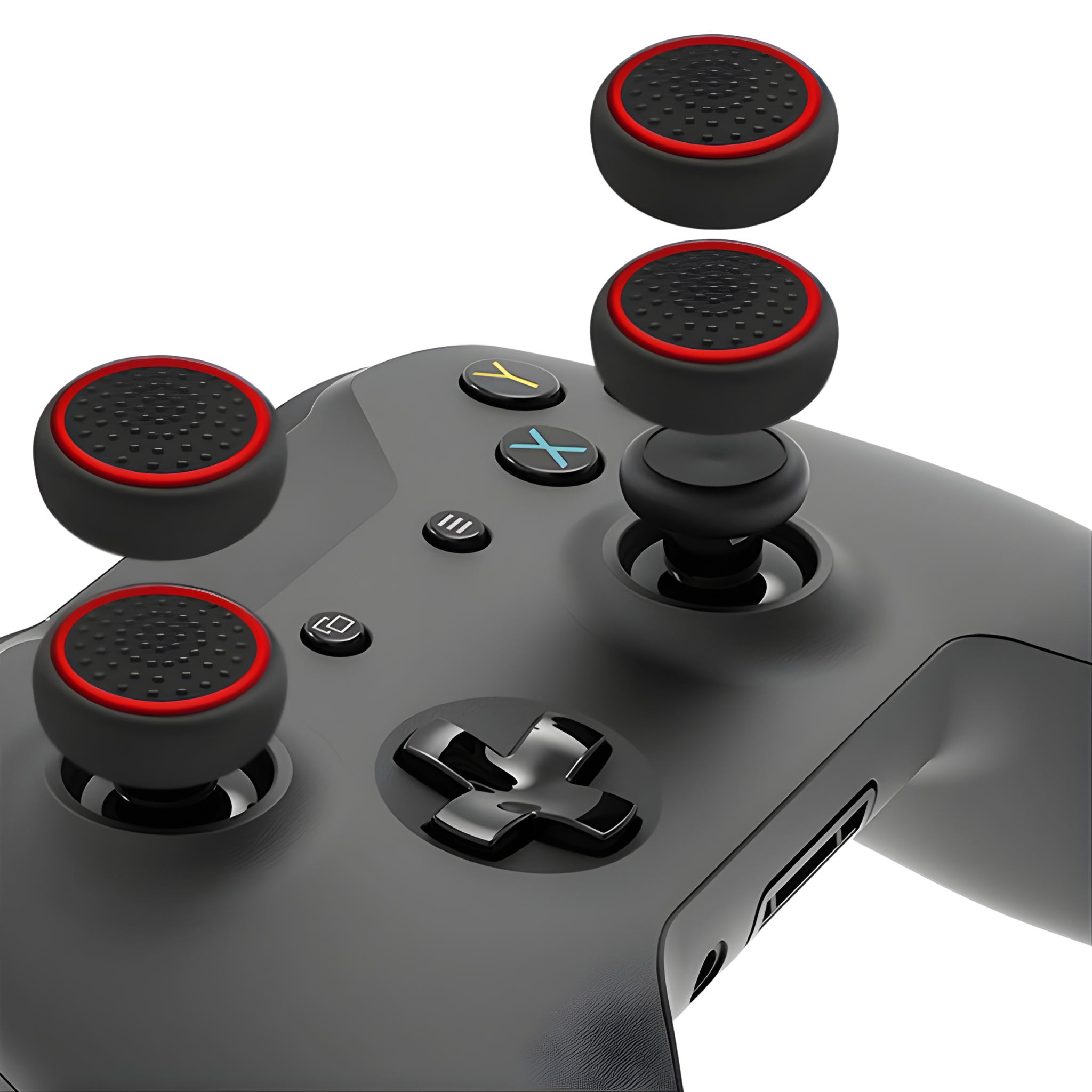 Et sæt thumb grips i sort farve med rød kant til PS5 controller, monteret på en controller