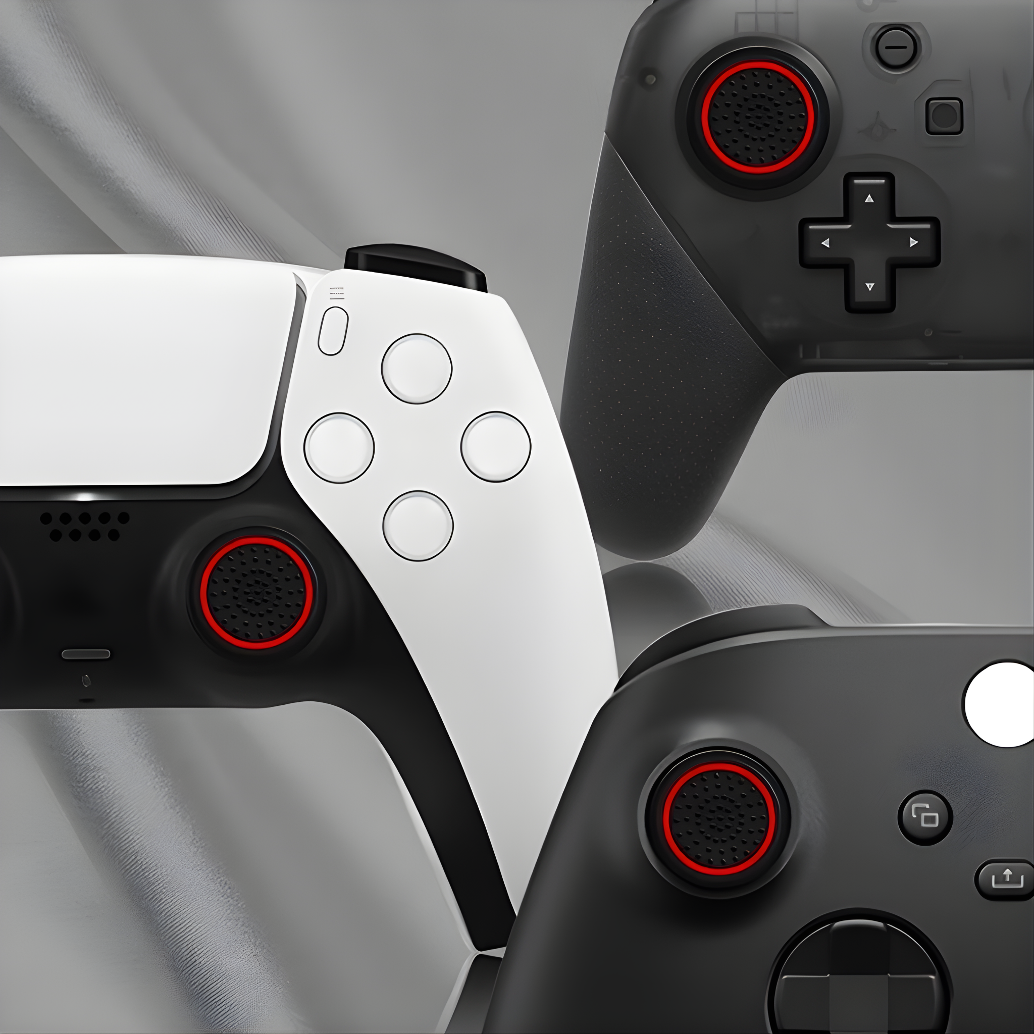 Et sæt thumb grips i sort farve med rød kant til PS5 controller, monteret på forskellige controllere
